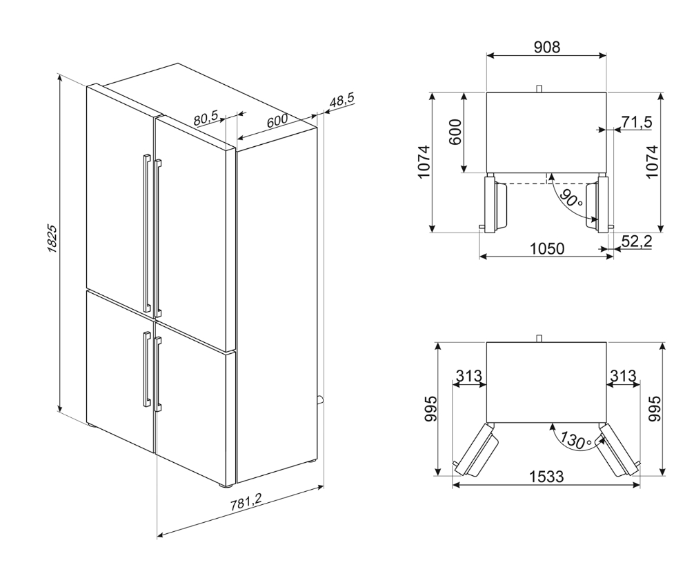 SMEG FQ60BDE Отдельностоящий 4-х дверный холодильник Side-by-Side, No-frost, 90.8 см, цвет белый