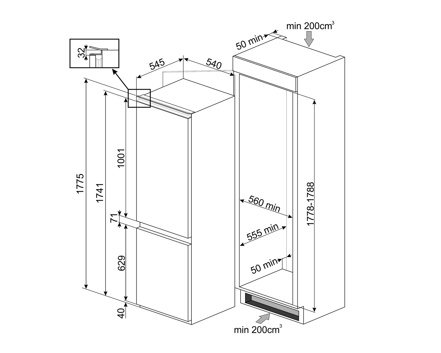 SMEG C3170NE Встраиваемый комбинированный холодильник